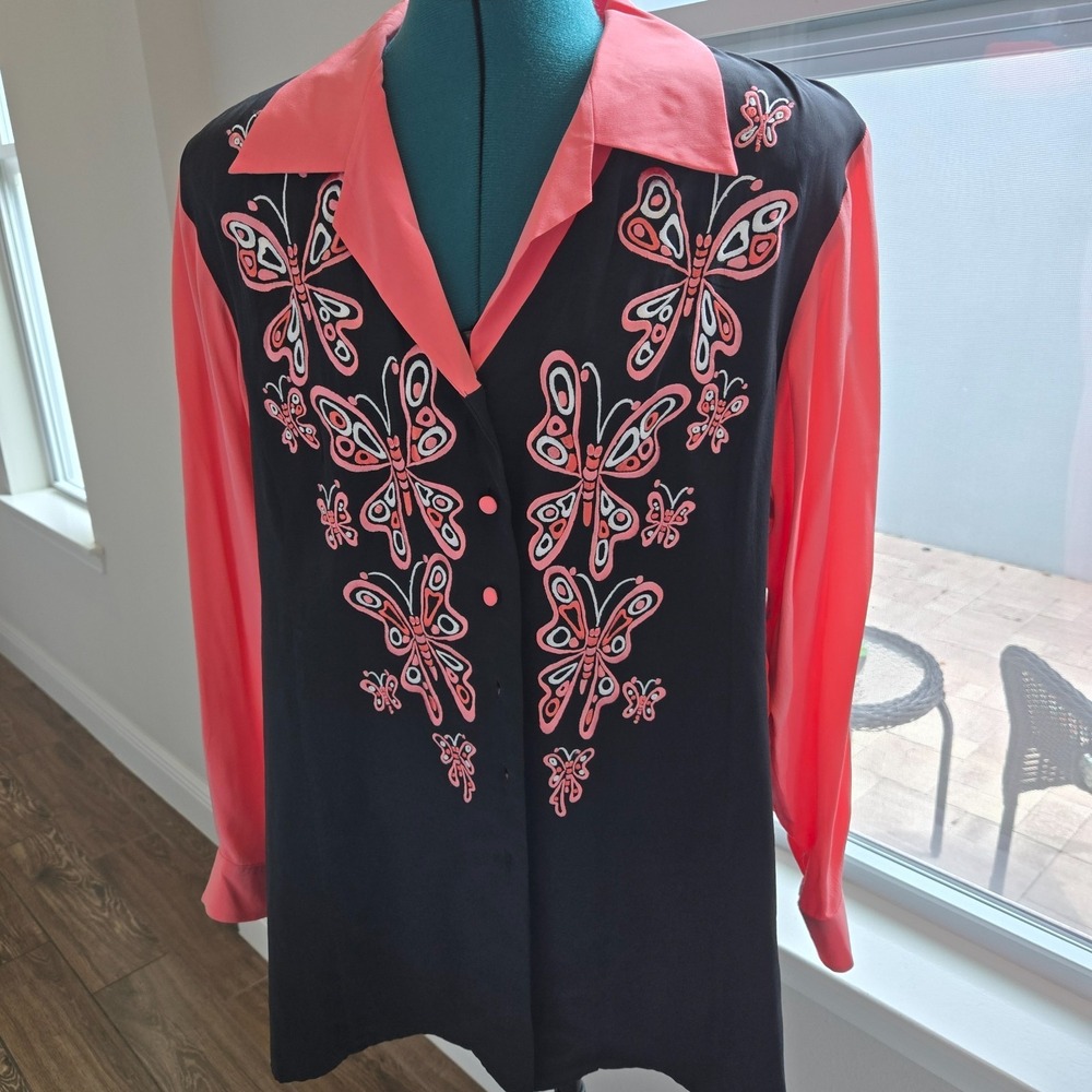 Bob Mackie Button-up Shirt Womens Large Coral Black Silk Butterfly Art Tunic